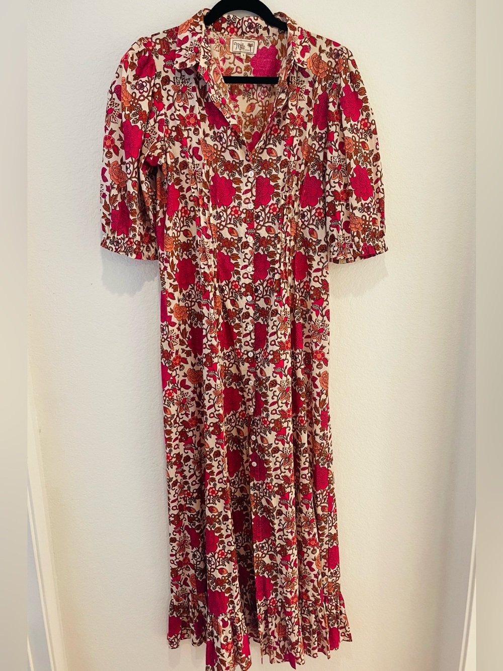 Mille beautiful Floral Button-Front Maxi Dress in Fuchsia and Cream
